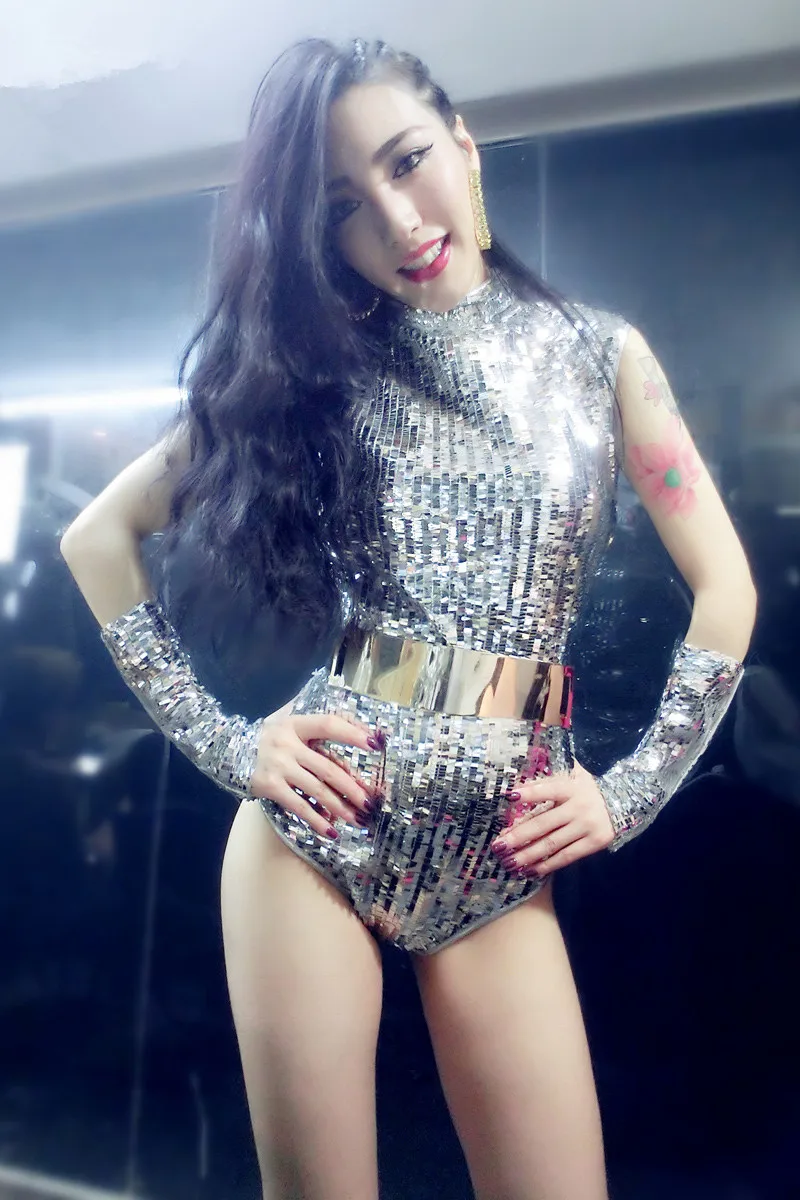 Серебристые блестки боди Женский DS костюм Бар Ночной клуб Сексуальная певица DJ
