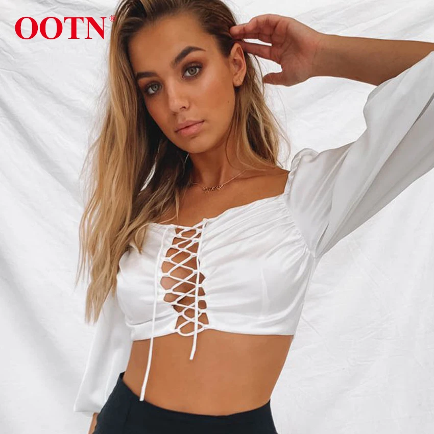 Белый сексуальный укороченный топ OOTN женская блузка с рукавами фонариками на