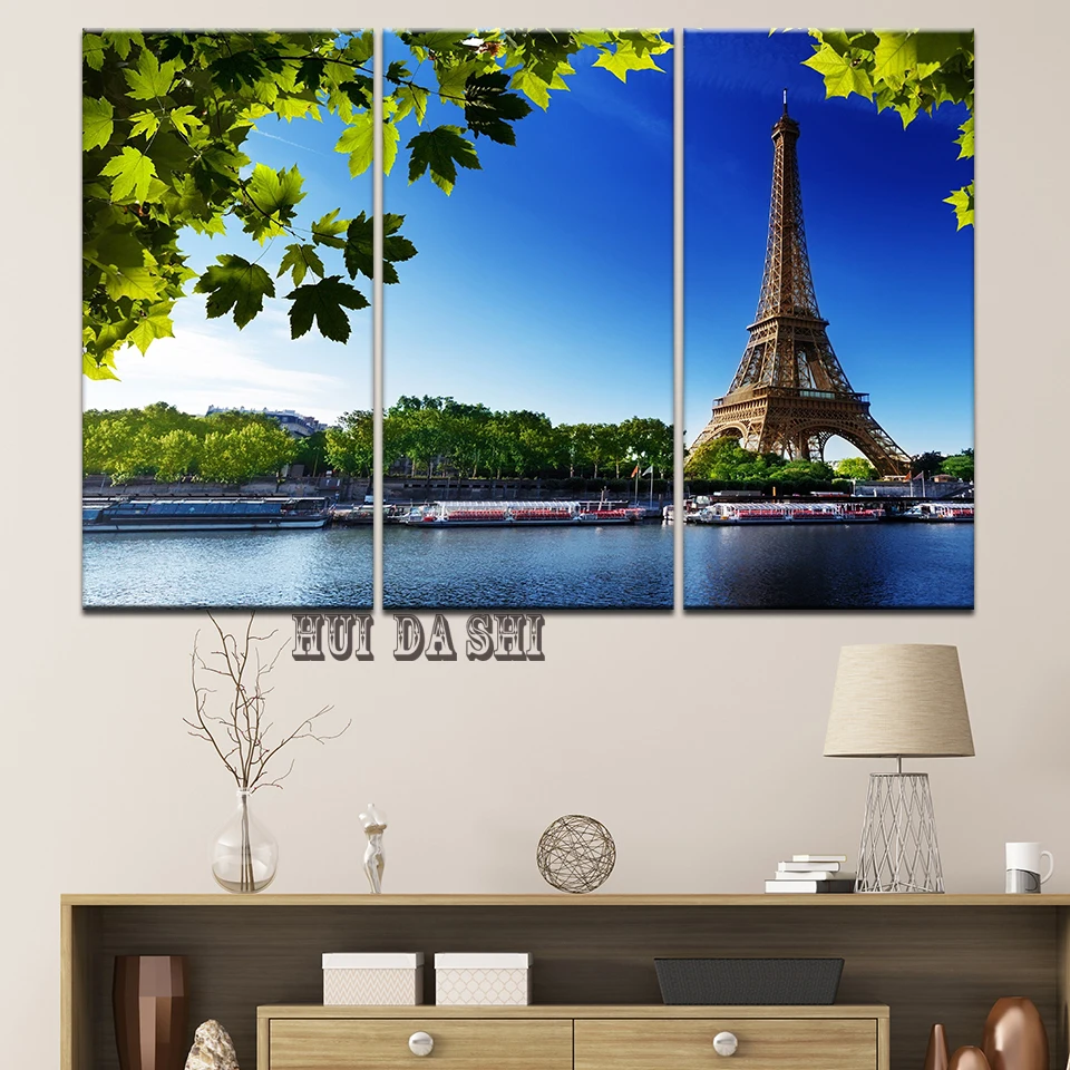 Canvas HD Prints Pictures Room Wall Art 3 Pieces Paris Tower River Riverside Painting Landscape Poster Home Decor Framework | Дом и сад