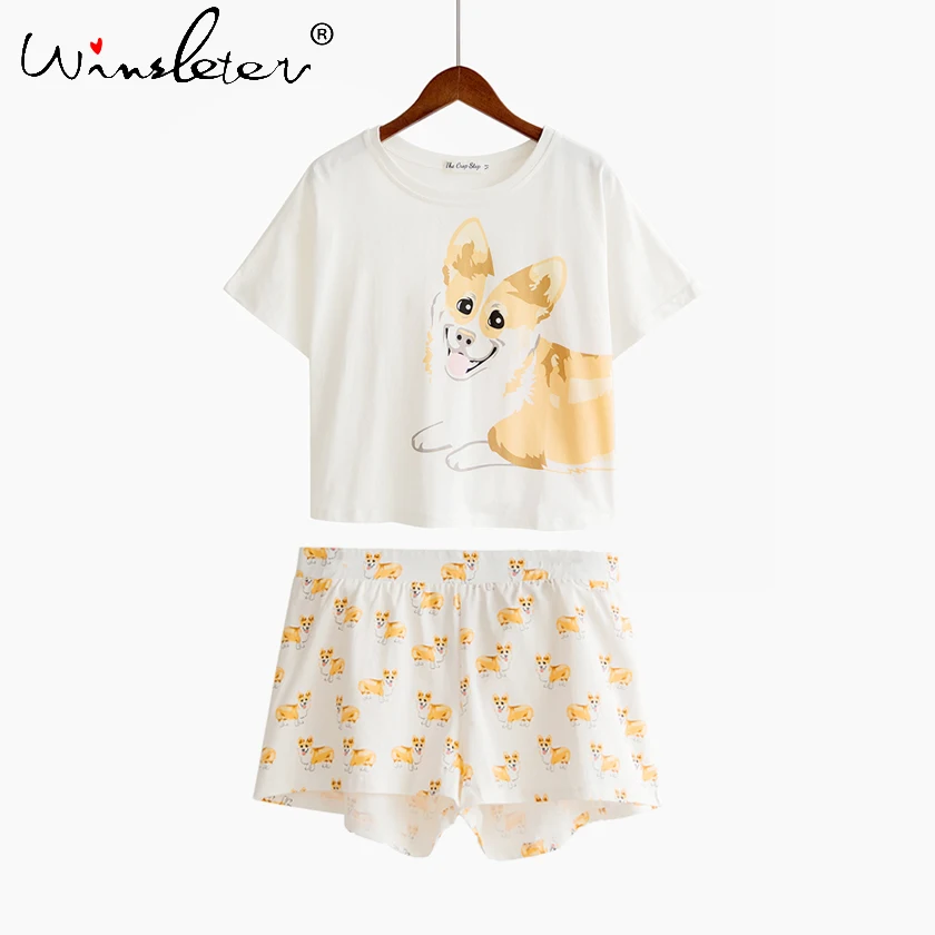 Пижама Corgi женская с принтом собаки короткий топ и шорты комплект из 2 предметов