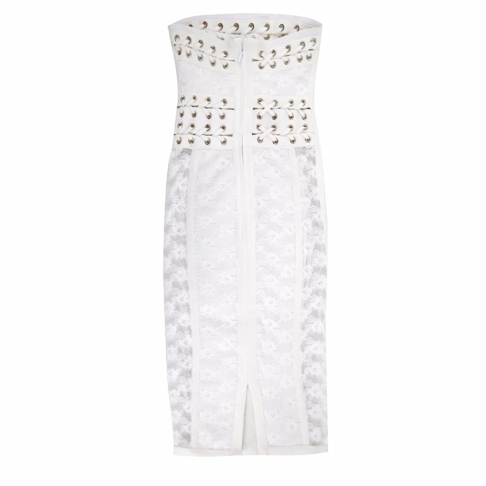 2019 Women Wedding Cocktail Premium Multi Eyelet Strapless Bodycon Hollow Out White Lace Up Side Knee Length Bandage Party Dress | Женская