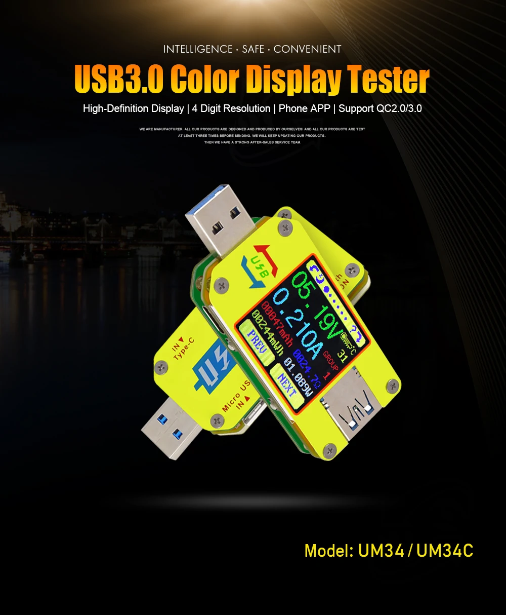 AT34 UM34/UM34C UM24/UM24C UM25/UM25C цветной ЖК-дисплей USB тестер напряжения измеритель тока Вольтметр USB Тестер