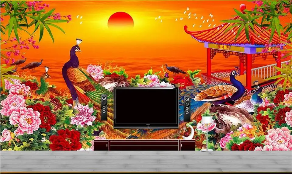 Custom 3d photo wallpaper room mural Sunrise Peacock flower landscape HD sofa TV background non-woven | Обустройство дома