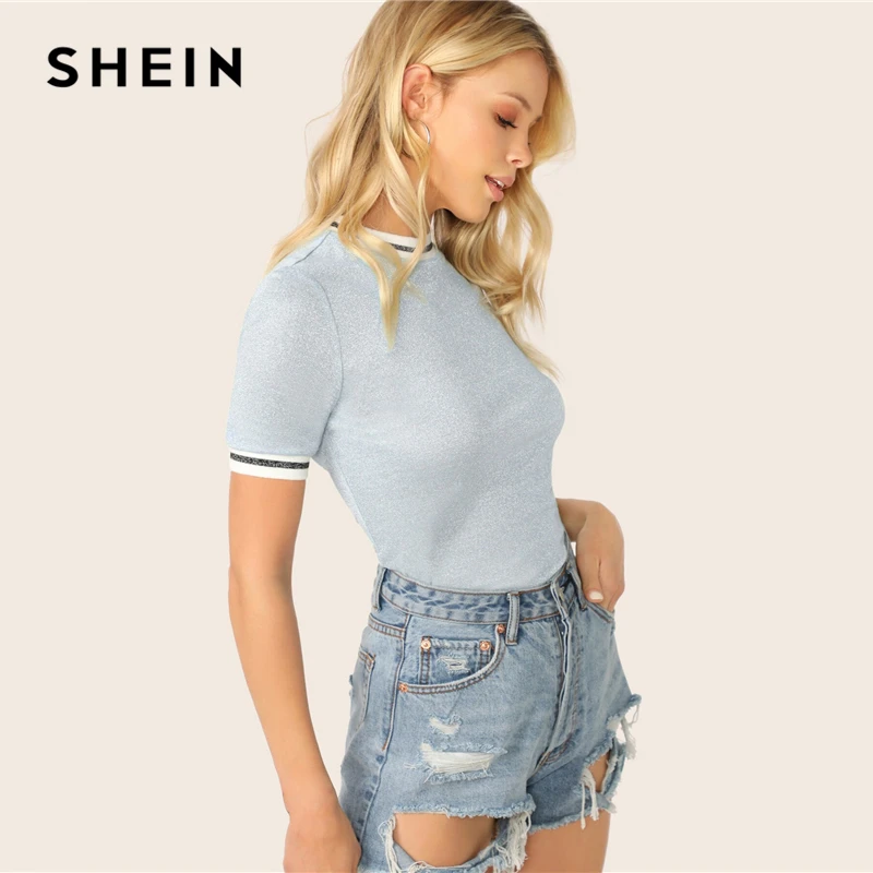 SHEIN, блестящая футболка, весенняя, летняя, осенняя, тонкая, синяя, со стоячим воротником, полосатая футболка, женские летние футболки