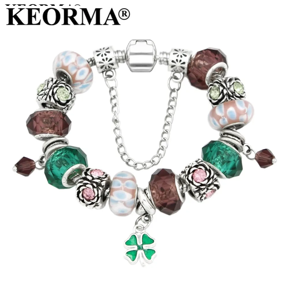 KEORMA Новый Античный Серебряный Клевер Подвески Браслеты для женщин Хрустальный
