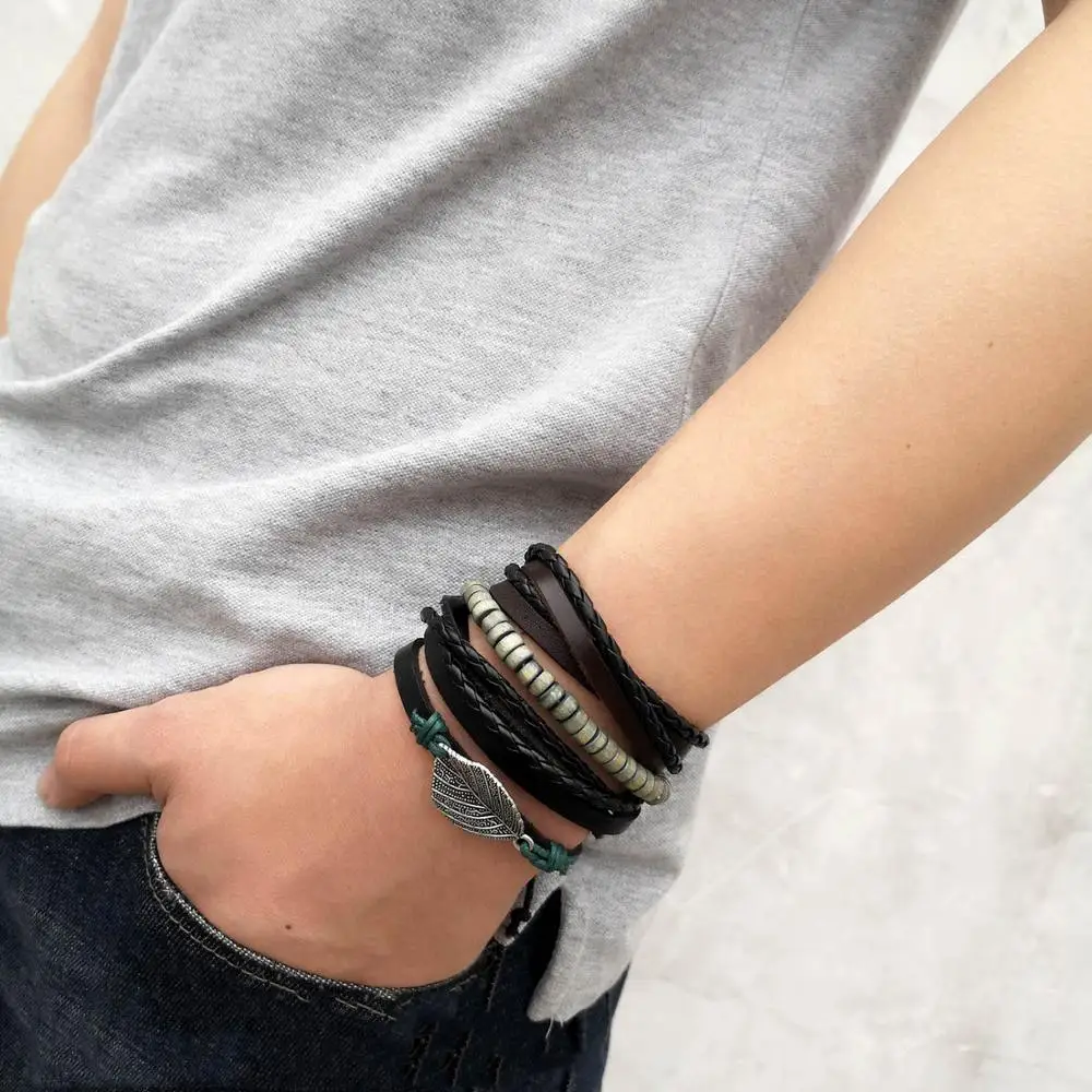 Браслет кожаный многослойный для мужчин и женщин браслет с шармами листьями