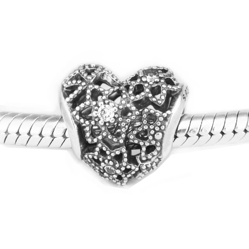 

DIY Fits for Pandora Beads Bracelets Blooming Heart Charms with Clear CZ 100% 925 Sterling-Silver-Jewelry Free Shipping