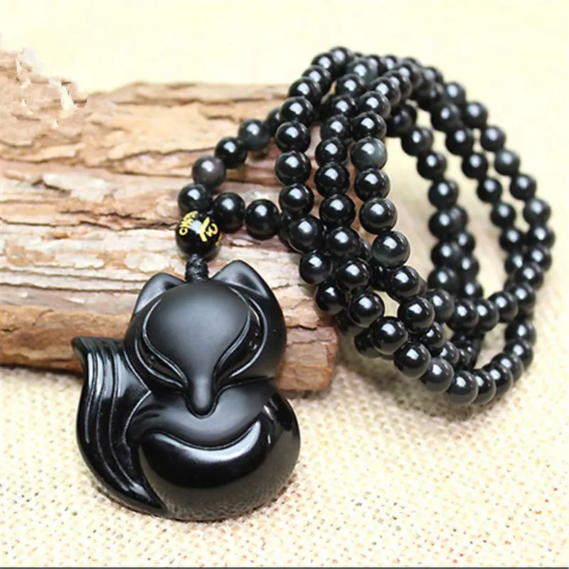 100% Natural Black Obsidian Hand Carved Big Cute Fox Lucky Pendant + Necklace | Украшения и аксессуары