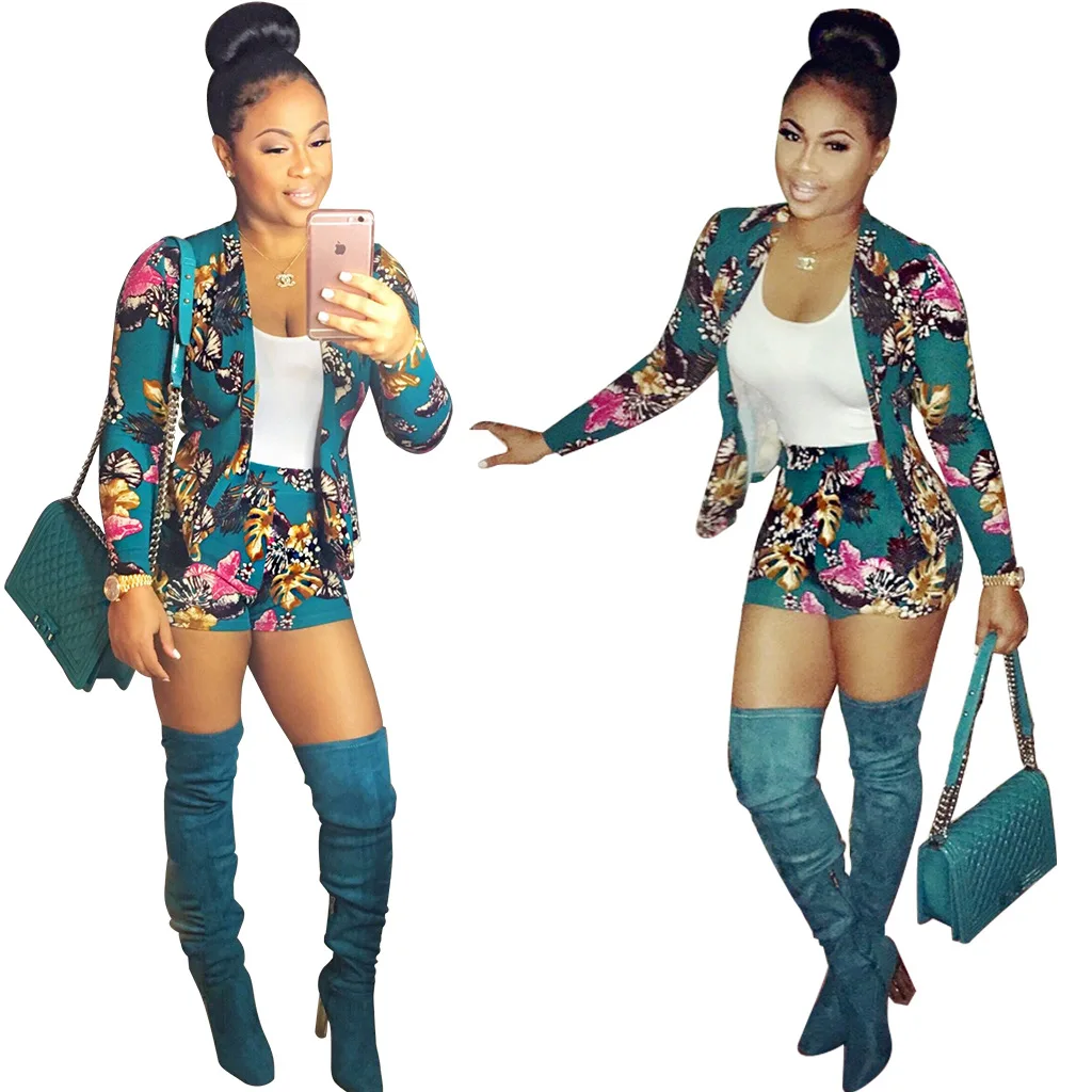 Летний комплект из двух предметов пиджак с цветочным принтом женская одежда