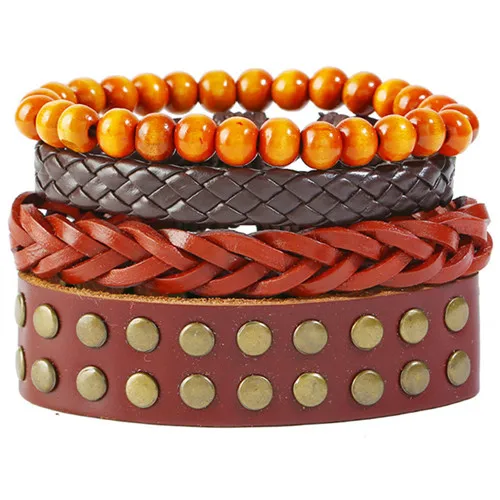 Мужские и женские кожаные плетеные браслеты с заклепками синими бусинами из