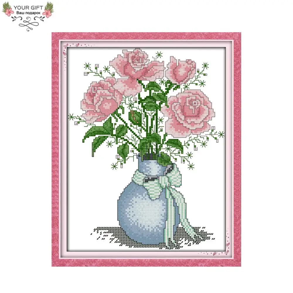 

Joy Sunday Pink Rose Home Decor H399 14CT 11CT Stamped and Counted Summer Vase Flowers Needlework Embroidery Cross Stitch Kits
