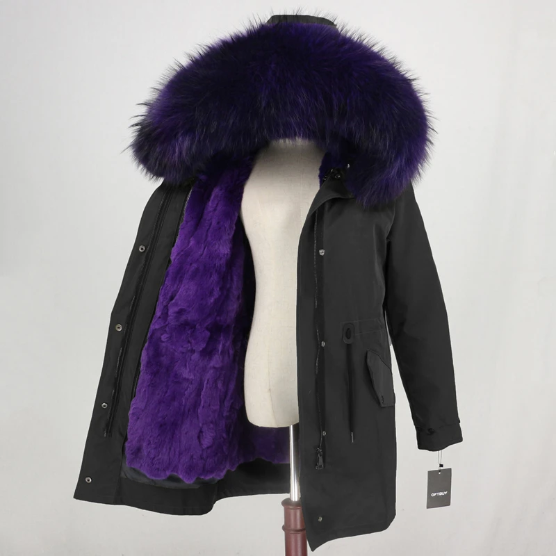 black purple Водонепроницаемая длинная парка от OFTBUY, пальто с натуральным мехом, зимняя женская куртка, воротник из натурального меха енота, подкладка из натурального кроличьего меха, съемная теплая - Цвет: black purple