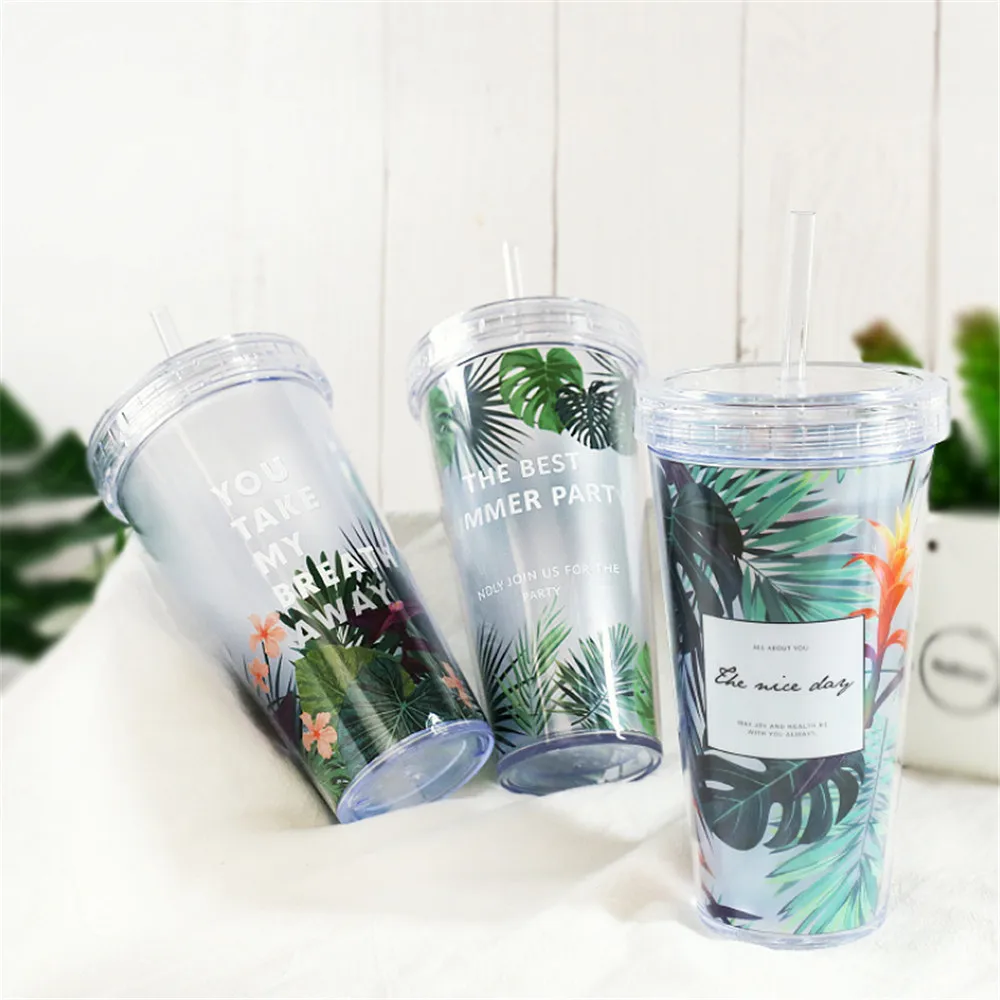 

Creative Plastic Mugs Scrub Plant Pattern Double Layer Water Bottle With Straw Travel Portable Tea Milk Cup Drinkware Gifts 1pcs