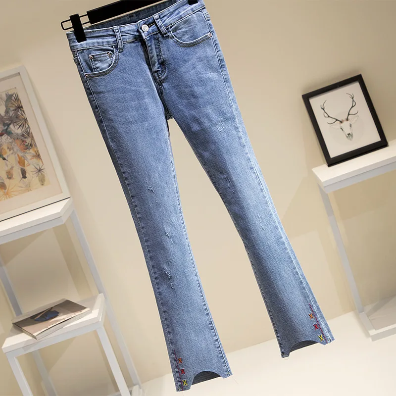 2019 Плюс Размер повседневные расклешенные джинсы Весенняя женская одежда модная