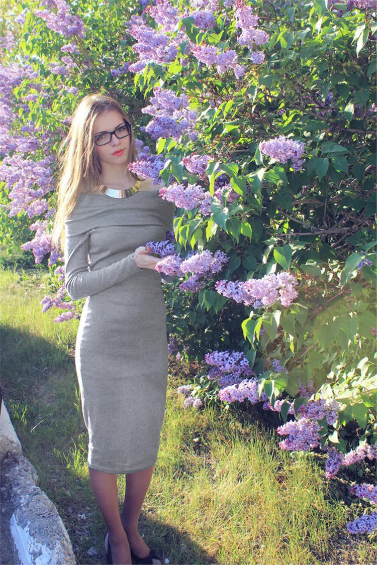 Женщины Sexy Dress Зима Элегантный Длинным Рукавом Slash Шеи Платье De Festa Оболочка Пакет