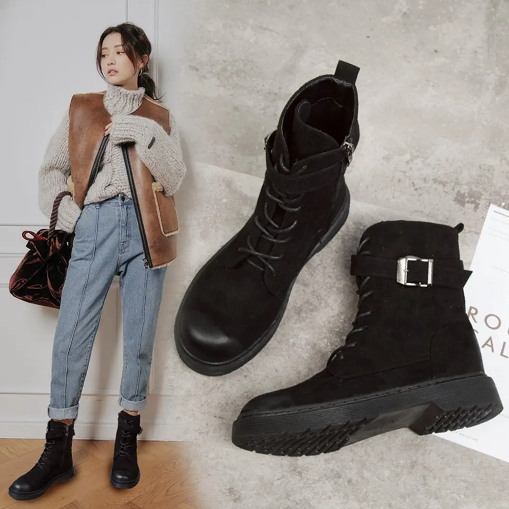 Женские ботинки в байкерском стиле Зимние Замшевые Мартенс Модные ботильоны с