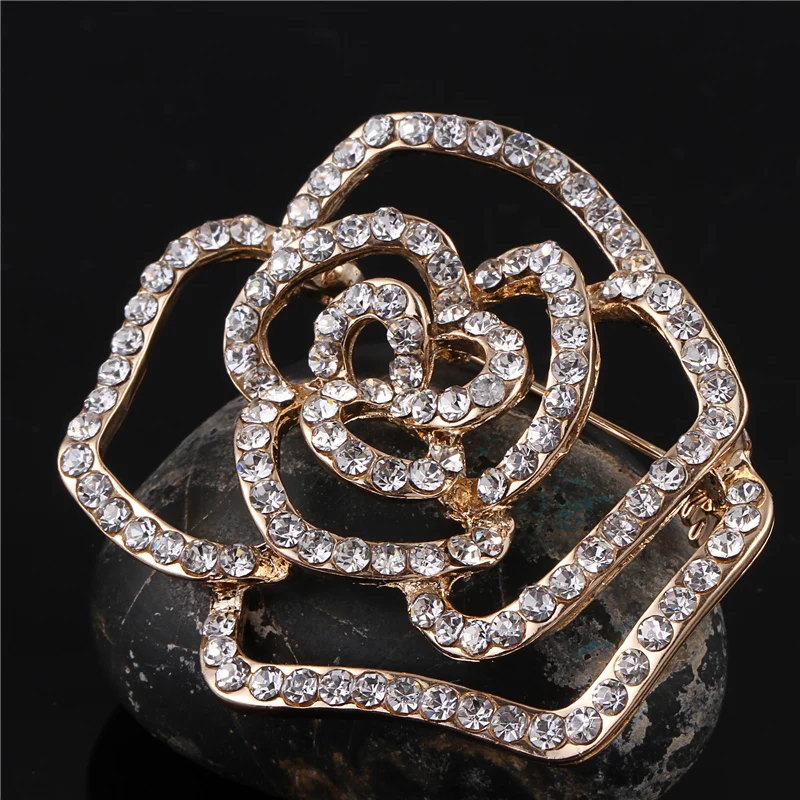 Love Rose Camellia Flower Brooch Pin Rhinestone Crystal Pins and Brooches For Women Corsage Plant Jewelry | Украшения и