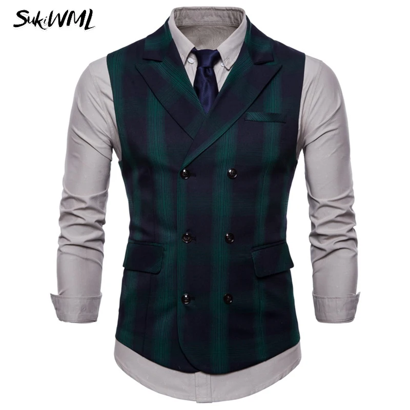 SUKIWML клетчатый жилет Homme 2018 новый двубортный приталенный костюм мужской