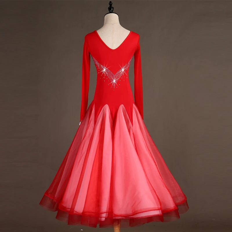Women Red Purple Shiny Rhinestone Embroidered Roses Dress Latin Dance Skirt Professional Adult Training Modern | Тематическая