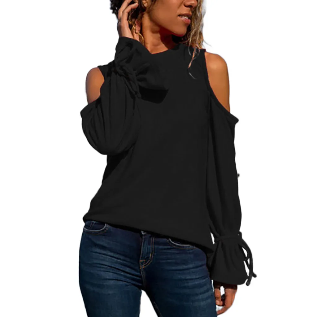 Black CHAMSGEND Pullover Lace Up Off Shoulder Bandage T-Shirt Round Neck Loose Long Sleeve Solid Color Women Casual Shirts 13.DEC.27 - Цвет: Black
