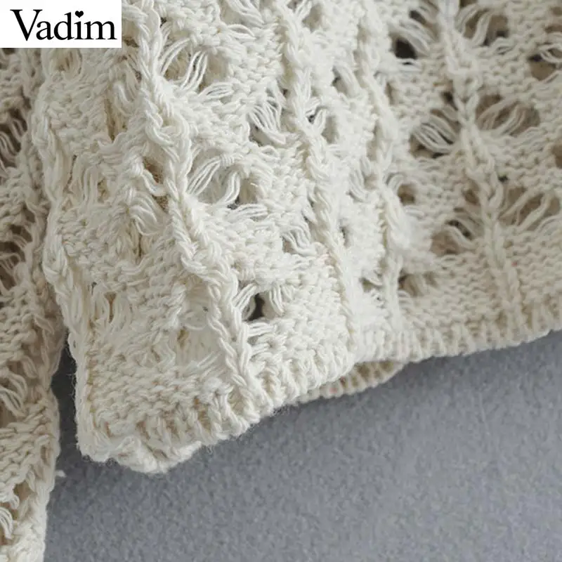Vadim women solid knitted short cardigans hollow out sexy V neck single breasted female casual thin outwear sweater HA397 |