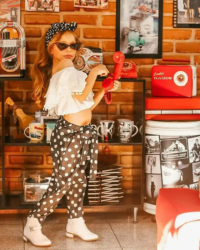 Kids Girl Chiffon Ruffle Top Off-shoulder T shirt Polka Dot Trousers Pants Outfit Set | Мать и ребенок