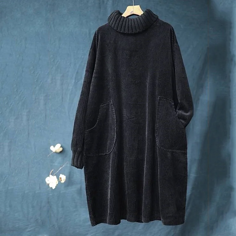Осенне зимнее вельветовое платье с высоким воротником модное женское длинным