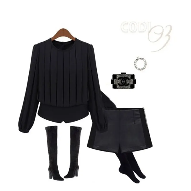 Блузка женская с круглым вырезом стильная рубашка в офисном стиле длинным