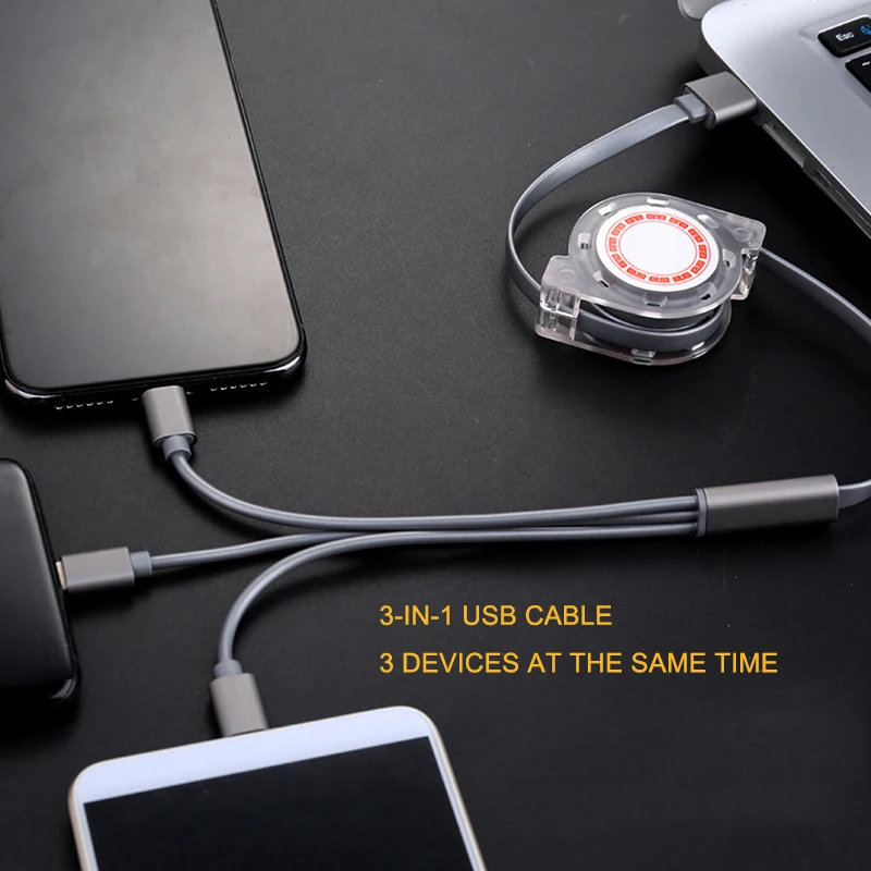 3 в 1 USB кабель 2.4A для быстрой зарядки Регулируемый iPhone 8 7 6 Android Micro lightning Type C