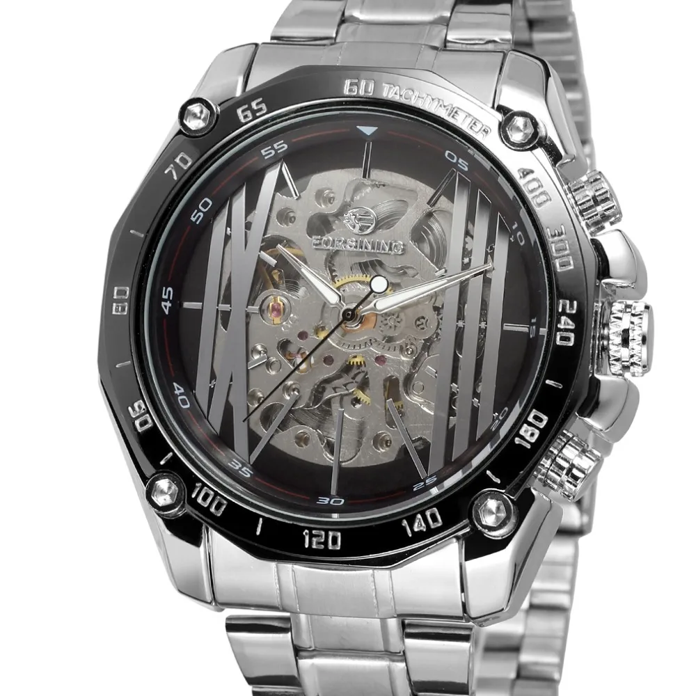 Forsining 2019 New Military Sport Design Automatic Transparent Silver Stainless Steel Mens Mechanical Watches | Наручные часы