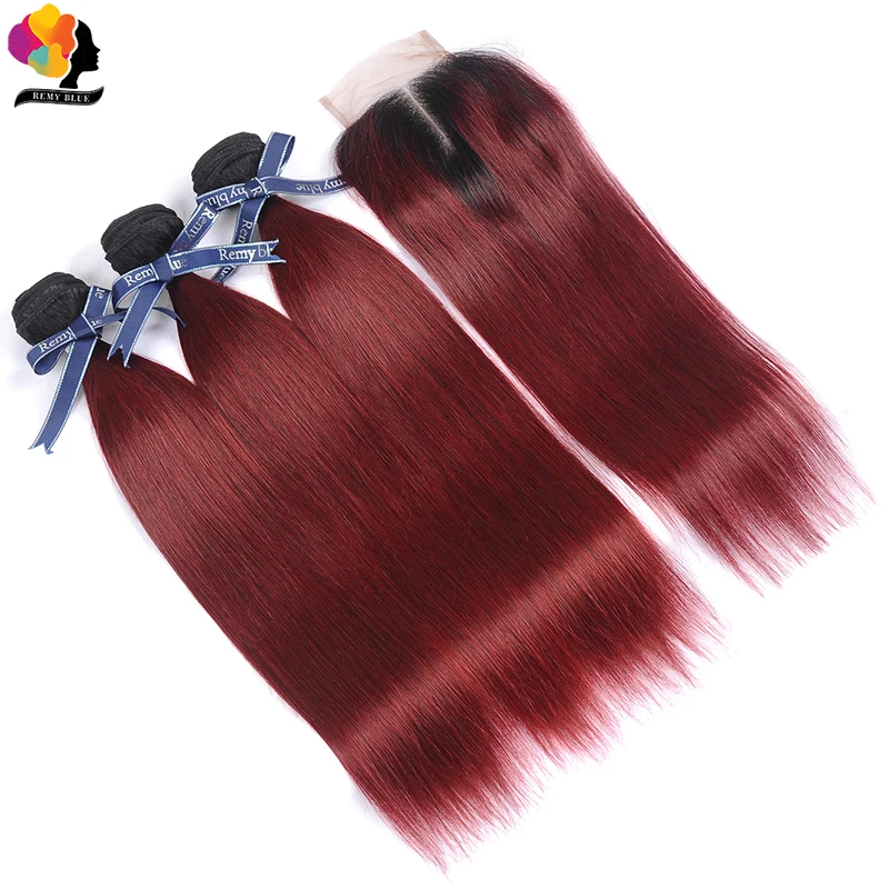 Remyblue Ombre 1B 99J красные бордовые человеческие волосы 3 пучка s с закрытием прямые