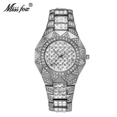 V0092 MISSFOX, женские часы, брендовые, Роскошные, защита от солнца, Япония, движение, Полный алмаз, сталь, серебро, женские часы, аналоговые, круглые, кварцевые, наручные часы - Цвет: V0092