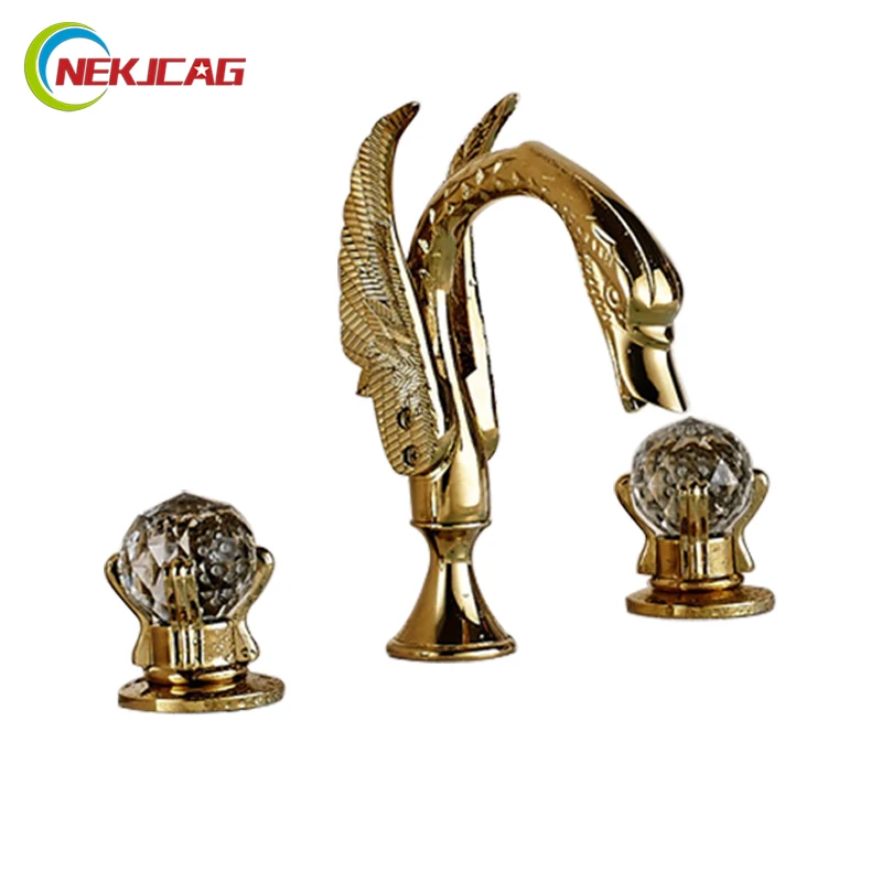 Роскошный кран для раковины с двумя кристальными ручками Золотой смеситель