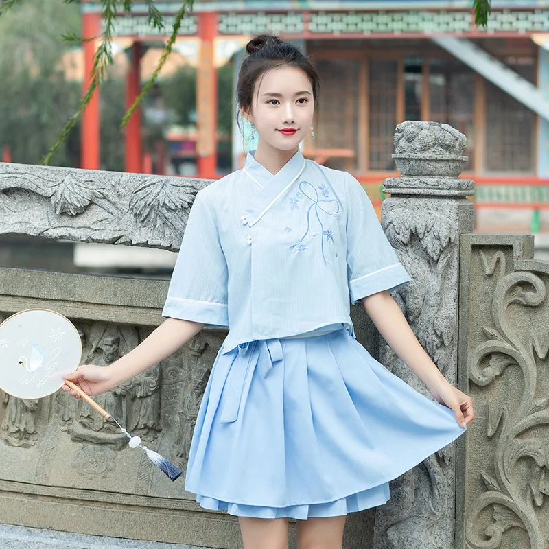 Hanfu Восточный Костюм китайская рубашка синяя плиссированная юбка Ципао летнее