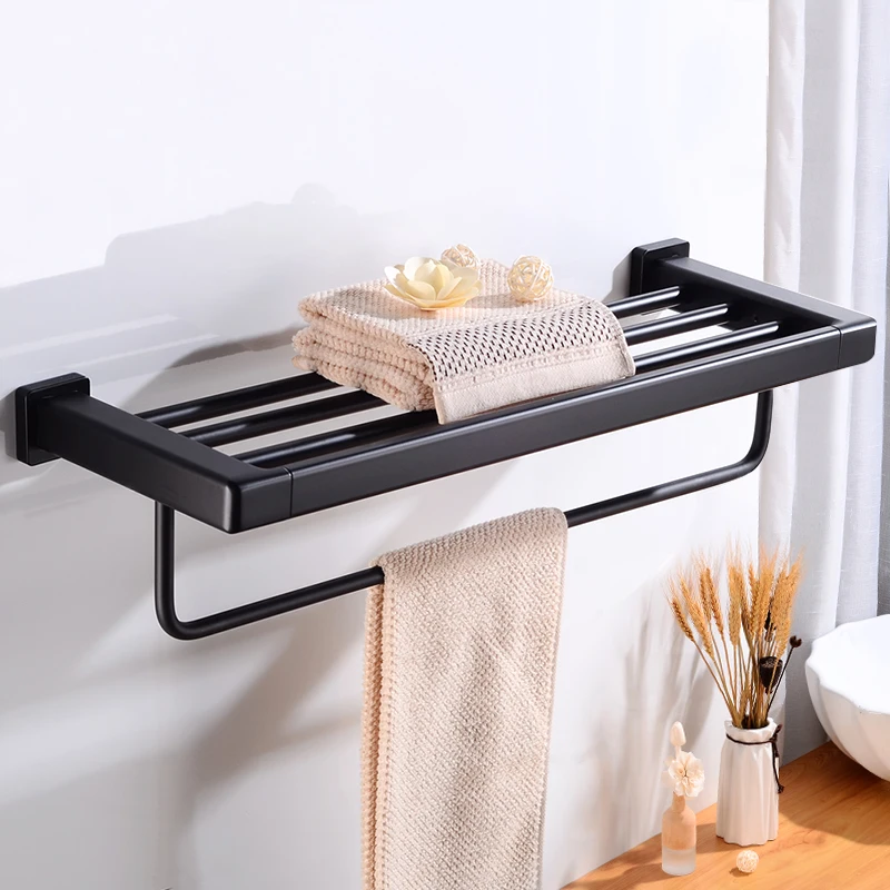 Bathroom Towel Rack Holder Aluminum Black Bar Single Wall Mounted Rail Hanger Shelves Corner Shelf Storage | Обустройство дома