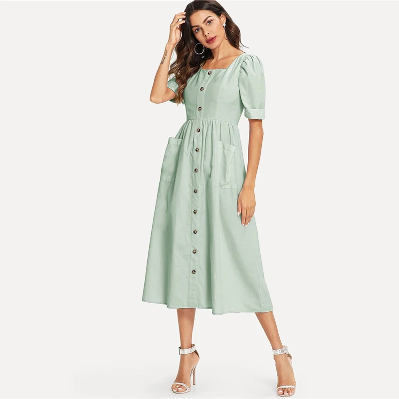 Dotfashion/платье с пышными рукавами и карманами на пуговицах, женская одежда, повседневное летнее платье-рубашка с квадратным вырезом и высокой талией