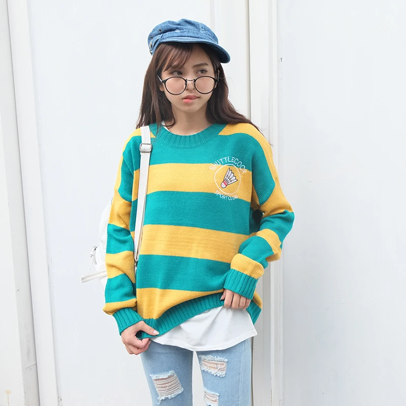 Harajuku Korean Swetaer Women Candy Color Stripe Cartoon Embroidery Loose Sweater Female Kawaii Cute Retro Knitted Jumper | Женская