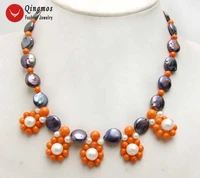 qingmos natural pearl pendant necklace for women with orange flower 12 13mm black coin round pearl necklace chokers jewelry