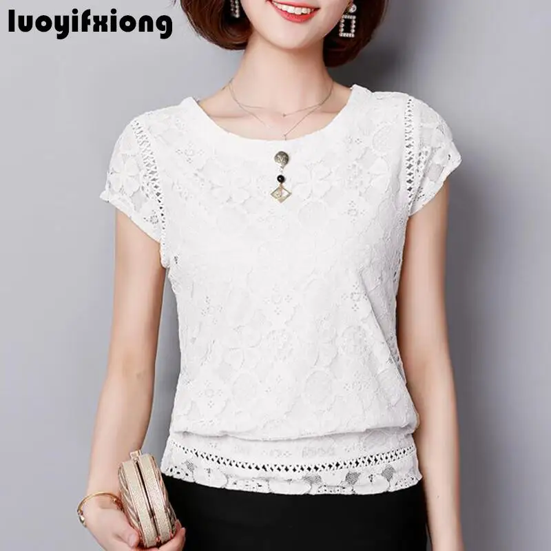 Blusas Mujer De Moda, летняя женская кружевная блузка с коротким рукавом, модные женские рубашки размера плюс, Женские топы и блузки размера s 3XL