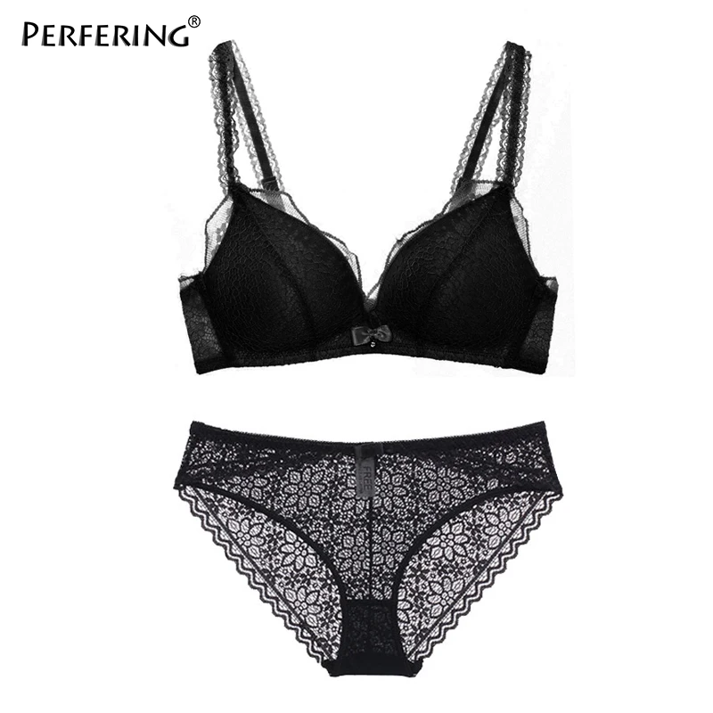 BLACK BRA SET Perfering, комплект нижнего белья, бюстгальтер без косточек, нижнее белье, кружевной бюстгальтер пуш-ап, беспроводной хлопковый бюстгальтер для женщин, сексуальные бюстгальтеры, женские бюстгальтеры с вышивкой - Цвет: BLACK BRA SET