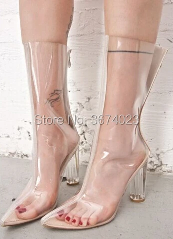 Qianruiti Plus size Eu 44 Women PVC Clear Half Boots Pointed toe Crystal Heel Sexy Transparent Perspex Jelly Rain | Обувь