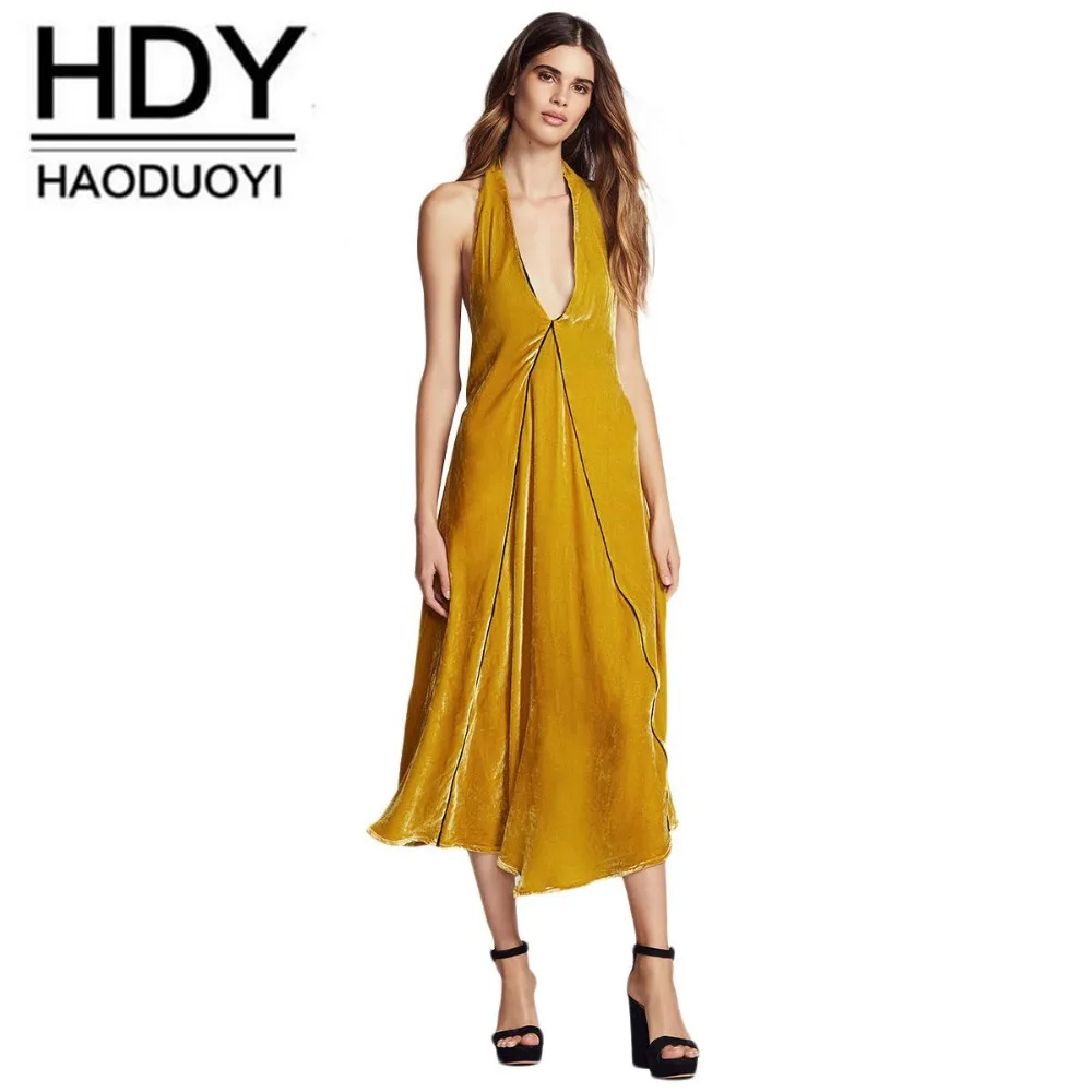 HDY Haoduoyi Весна 2018 женские желтые вечерние бархатные платья Глубокий v образный