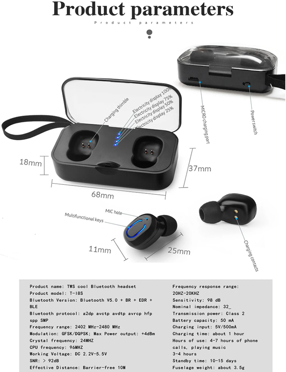 18TWS Wireless earphones Stereo 5.0 Bluetooth earphone Headphones Touch Control Noise Cancelling Gaming Headset | Электроника