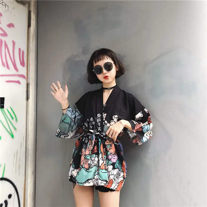 Neploe летняя Harajuku блузка для женщин и мужчин кимоно кардиган японский мультфильм печатных свободные топы Blusas Mujer De Moda 35867