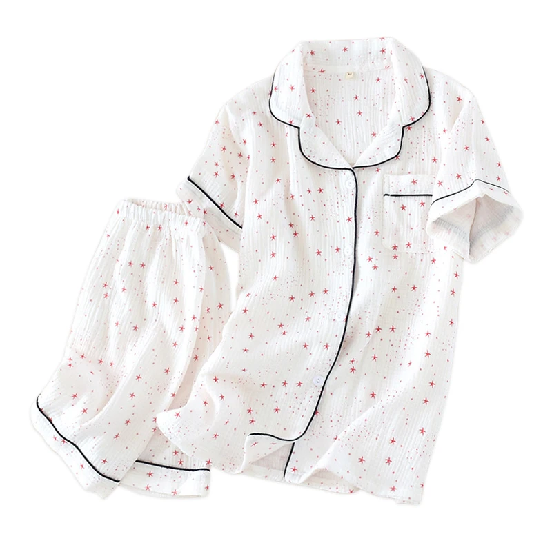 

Fresh stars 100% cotton crepe shorts pajama sets women Summer Japanese short sleeves simple pyjamas mujer sleepwear women