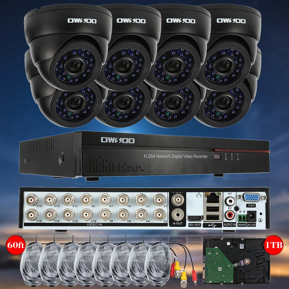 OWSOO 16CH Полный CIF P2P DVR камера безопасности системы набор P2P 8 шт. 800TVL CCTV камера с 1 ТБ HDD 16CH DVR комплект+ 8* 60ft кабель