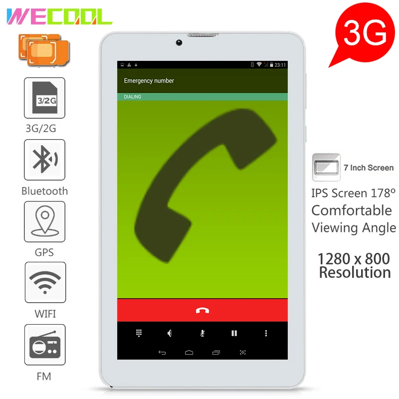 Wecool 7 дюймов Android 3G Phablet с IPS 1024x600 Разрешение 8 ГБ 4 ядра Dual SIM GPS перейдите FM радио Телефонный звонок Планшеты PC
