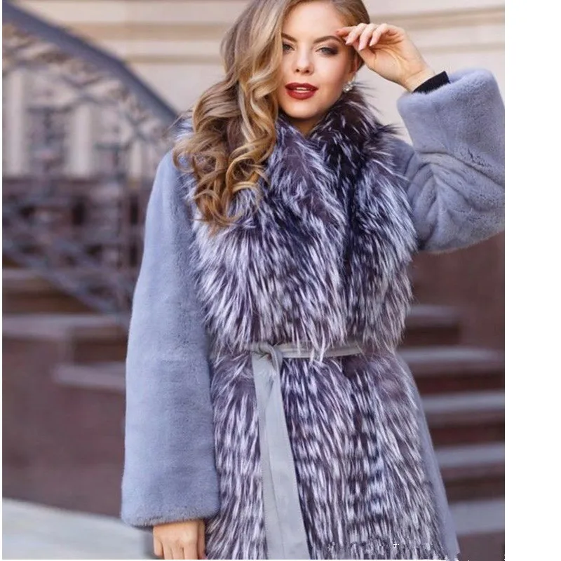 BFFUR Fashion Women Real Mink Fur Coat With Sliver Fox Fur Collar Long Natural Genuine Mink Fur Jacket Winter Woman Outwear 2019