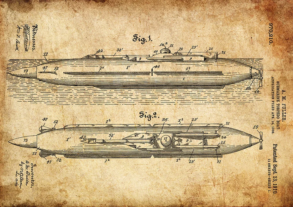 Винтажный патент на подводную лодку 1910 U-boats WW I Художественная печать военного оружия 4 в 1/edu военные постеры/Настенные декорации