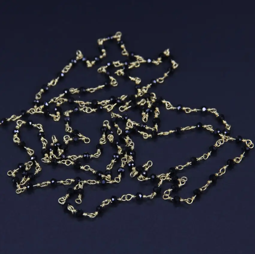 

Tiny Beads Black Glass Quartz Faceted Rondelle Beaded Chain Jewelry,Plated Gold Wire Wrapped Link Craft Necklace Supply 2x3mm